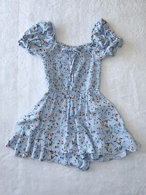 Girls Medium altar’d state Blue Floral Romper Puff Sleeve Smocked Boho